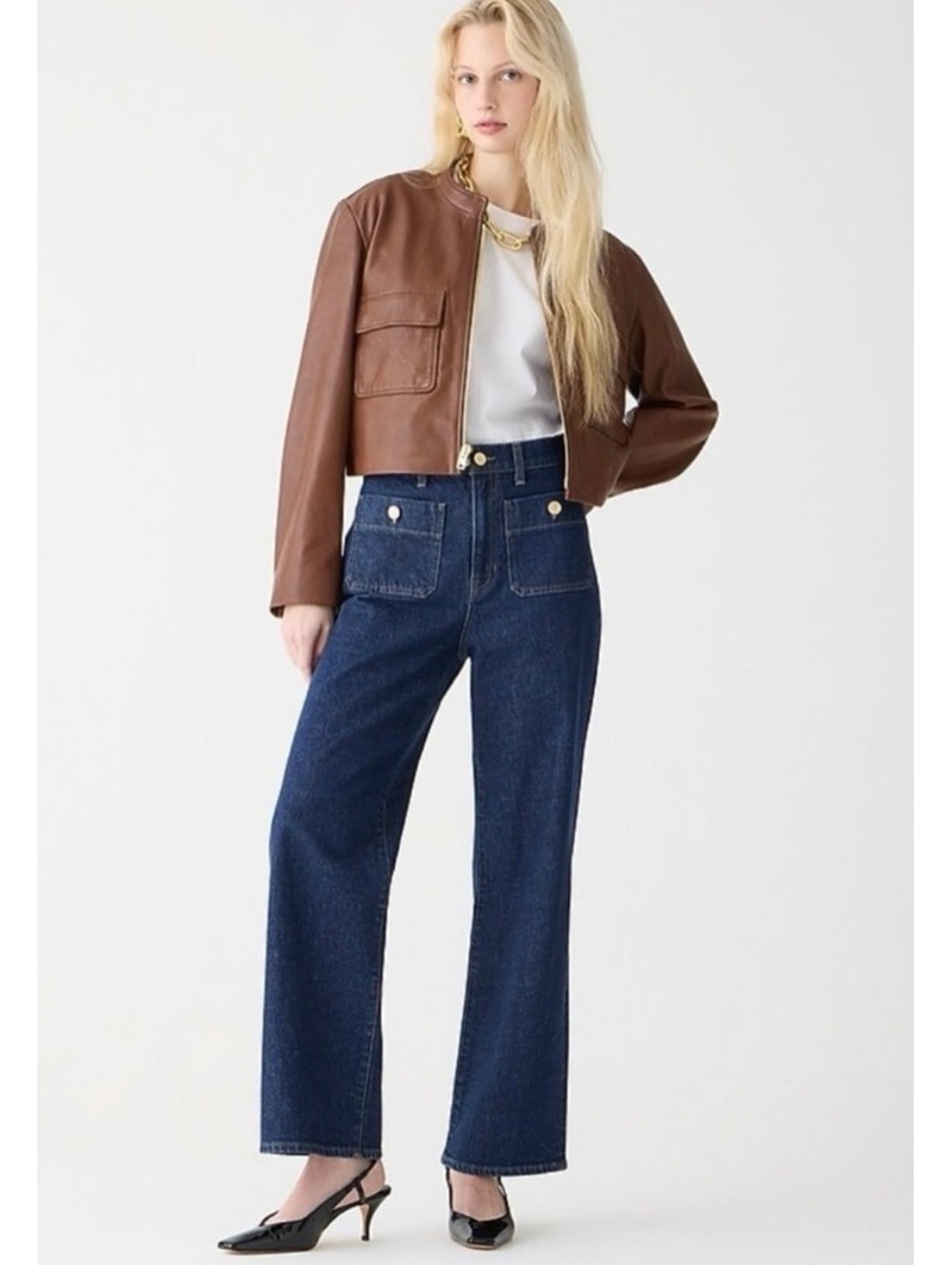 J.Crew Women's Slim Wide Leg Jeans with Sailor Patch Pockets, Size 29, Dark Blue